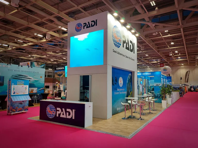 Stand builder France: PADI modular exhibition stand at Salon de la Plongée 2025 in Paris, France