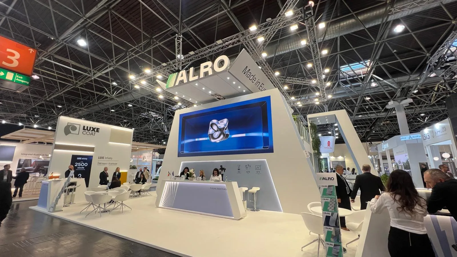 Front view of the 196 sqm ALRO stand at ALUMINIUM 2026, Messe Düsseldorf Hall 3