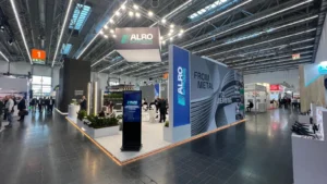 Front view of the 110 sqm ALRO Extrusion stand at ALUMINIUM 2026, Messe Düsseldorf Hall 1