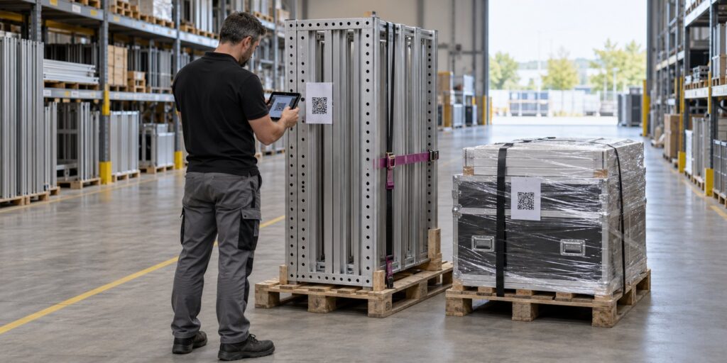 Șef de depozit scanând codul QR de pe un palet cu cadre de aluminiu pentru standuri expoziționale