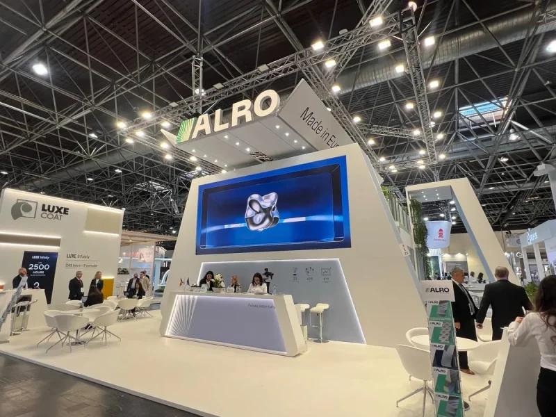 Front view of the 196 sqm ALRO stand at ALUMINIUM 2026, Messe Düsseldorf Hall 3