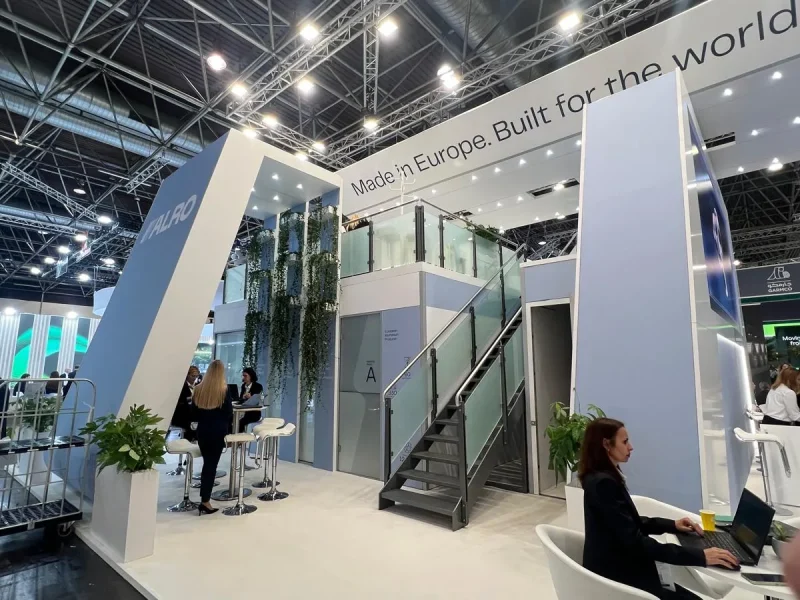 Staircase to the upper-deck lounge of the ALRO stand built by XDS
