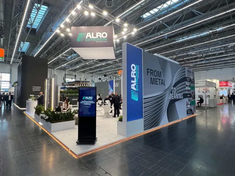 Front view of the 110 sqm ALRO Extrusion stand at ALUMINIUM 2026, Messe Düsseldorf Hall 1