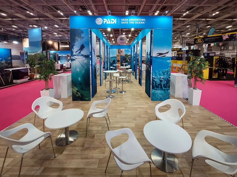 PADI stand seating areas for visitor engagement